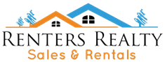 A logo for Renters Realty featuring a house and trees.